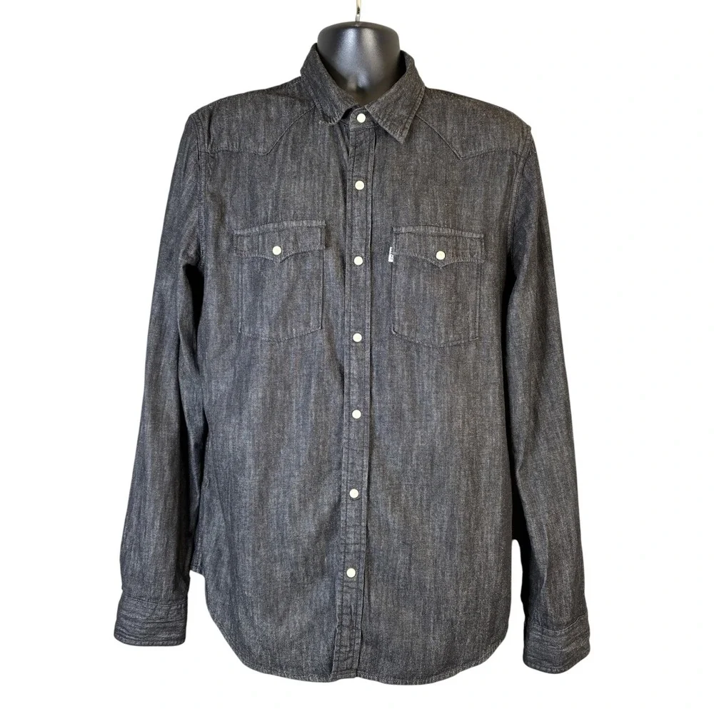Levi's Mens Black Denim Western Pearl Snap Front Shirt Modern Fit Large Western - Picture 2 of 16